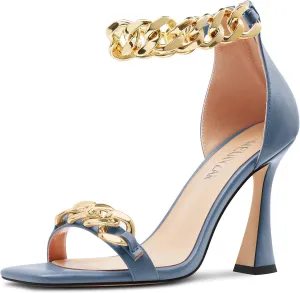 HEUIVZAR Womens High Kitten Heel Square Toe Sandals Ankle Strap Zipper Metal Chain Wedding Dress 3.9 Inches Heels