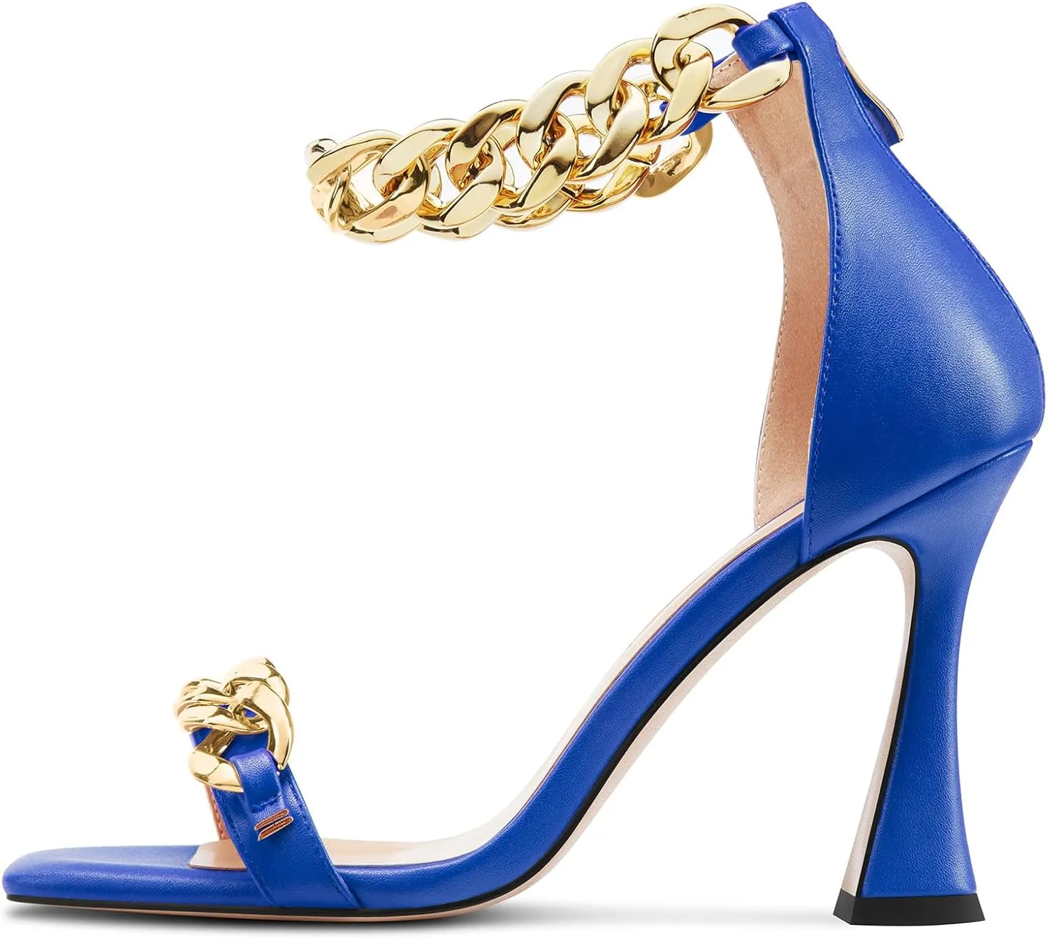 HEUIVZAR Womens High Kitten Heel Square Toe Sandals Ankle Strap Zipper Metal Chain Wedding Dress 3.9 Inches Heels