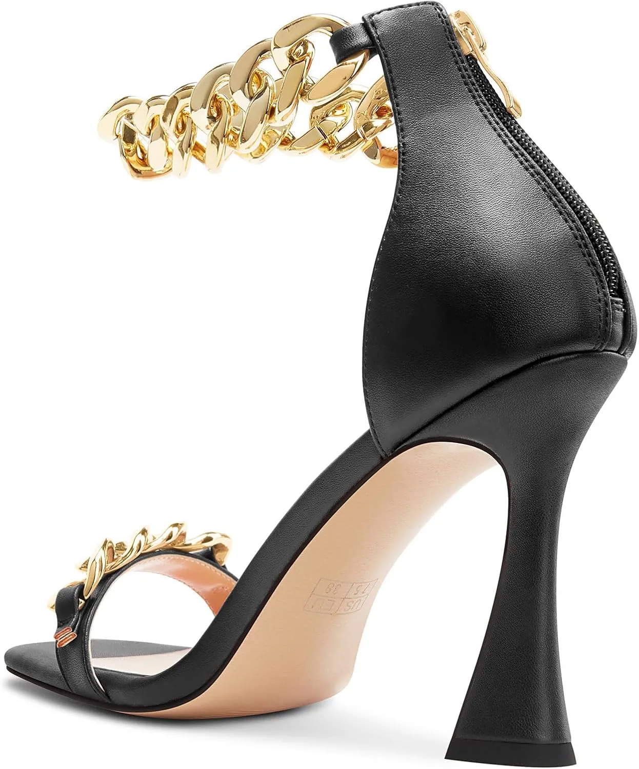 HEUIVZAR Womens High Kitten Heel Square Toe Sandals Ankle Strap Zipper Metal Chain Wedding Dress 3.9 Inches Heels