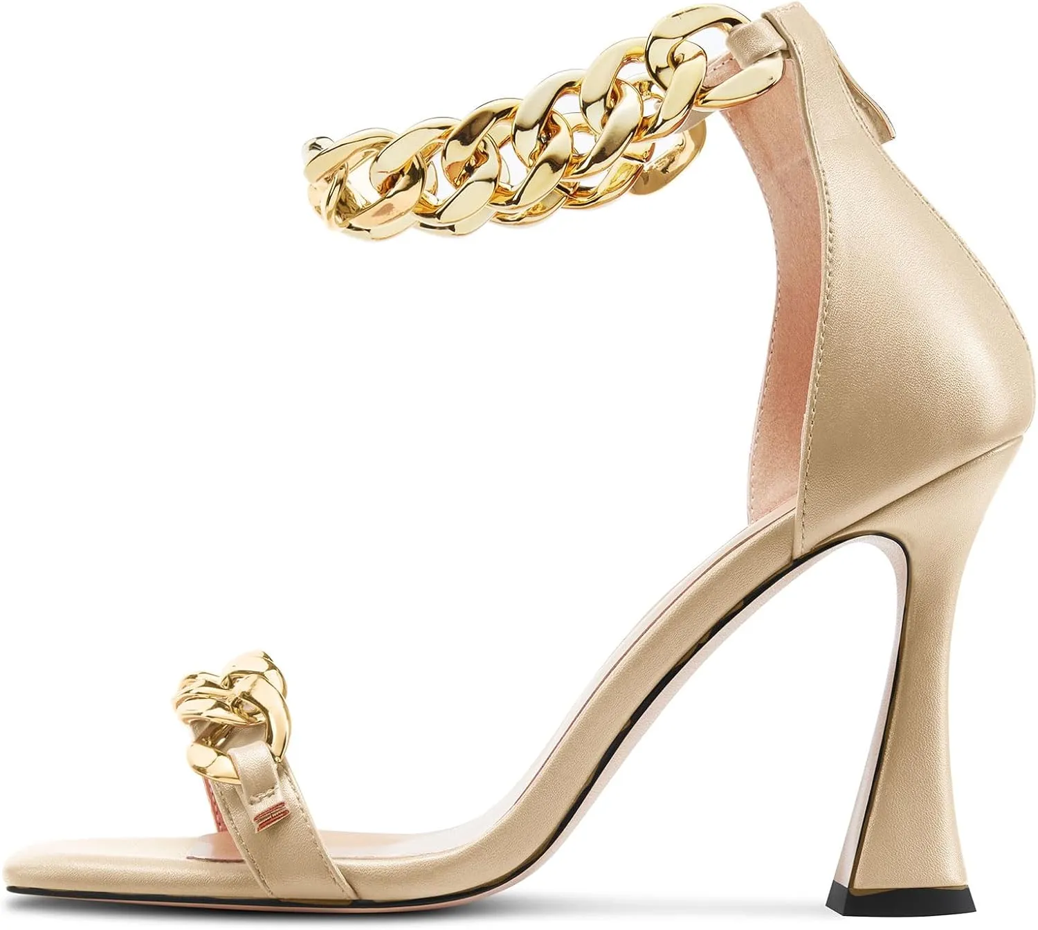 HEUIVZAR Womens High Kitten Heel Square Toe Sandals Ankle Strap Zipper Metal Chain Wedding Dress 3.9 Inches Heels
