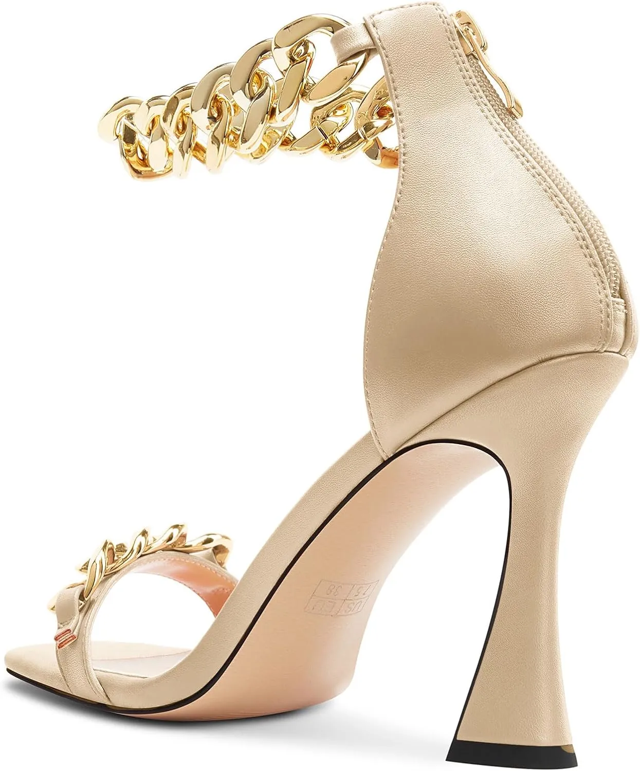 HEUIVZAR Womens High Kitten Heel Square Toe Sandals Ankle Strap Zipper Metal Chain Wedding Dress 3.9 Inches Heels