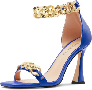 HEUIVZAR Womens High Kitten Heel Square Toe Sandals Ankle Strap Zipper Metal Chain Wedding Dress 3.9 Inches Heels
