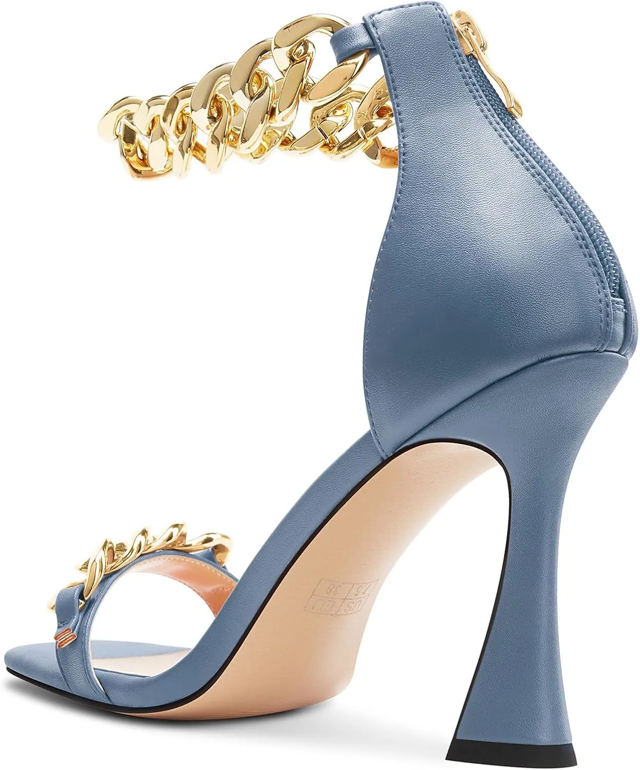 HEUIVZAR Womens High Kitten Heel Square Toe Sandals Ankle Strap Zipper Metal Chain Wedding Dress 3.9 Inches Heels