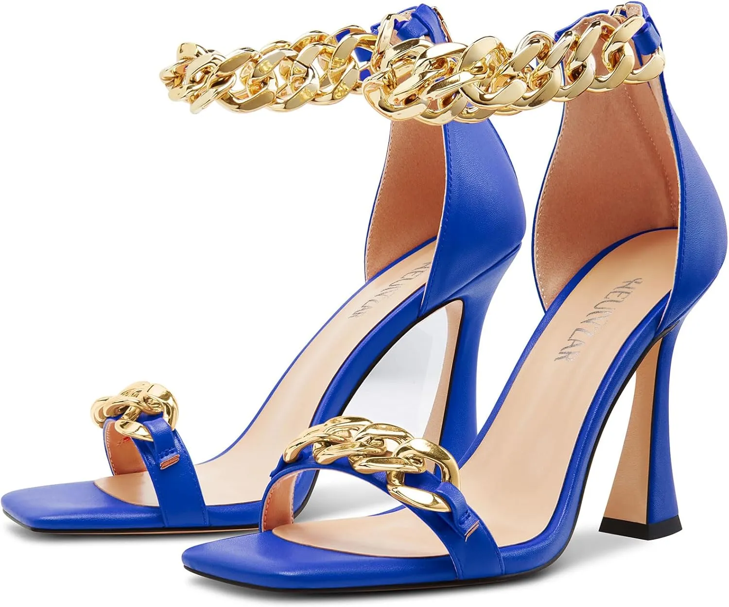 HEUIVZAR Womens High Kitten Heel Square Toe Sandals Ankle Strap Zipper Metal Chain Wedding Dress 3.9 Inches Heels