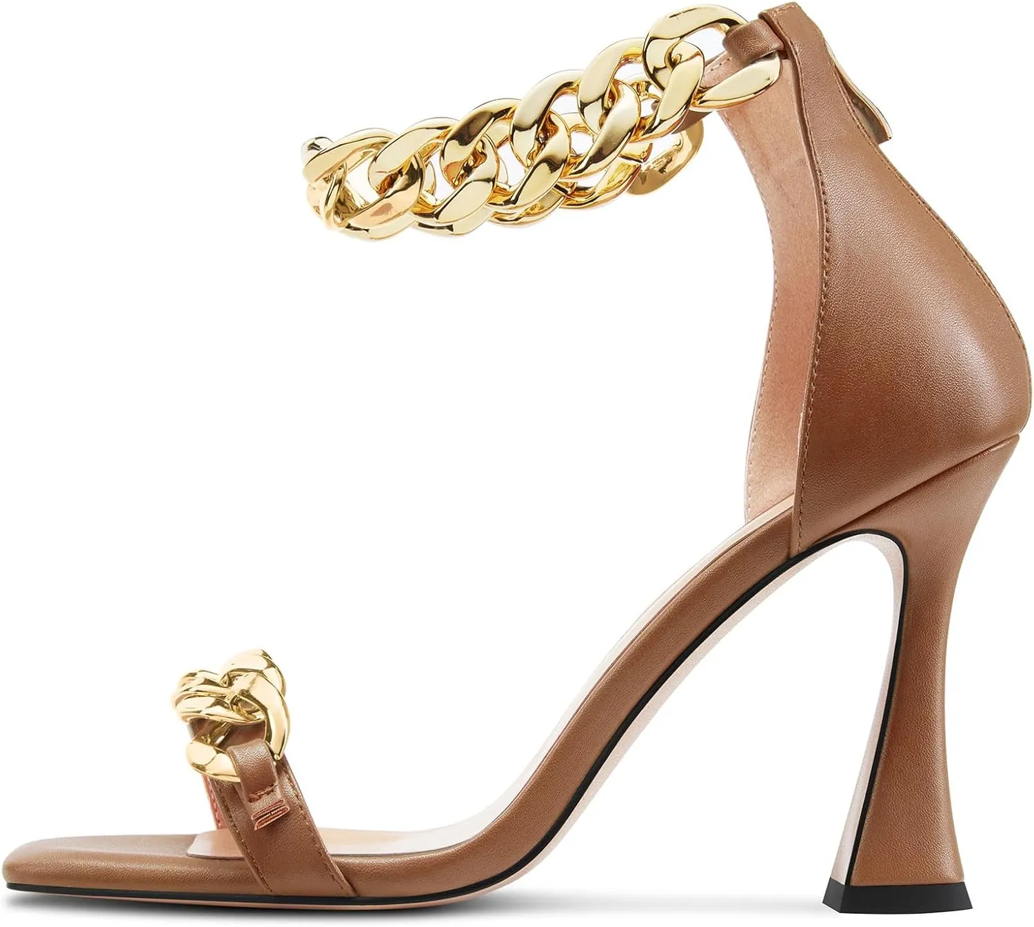 HEUIVZAR Womens High Kitten Heel Square Toe Sandals Ankle Strap Zipper Metal Chain Wedding Dress 3.9 Inches Heels