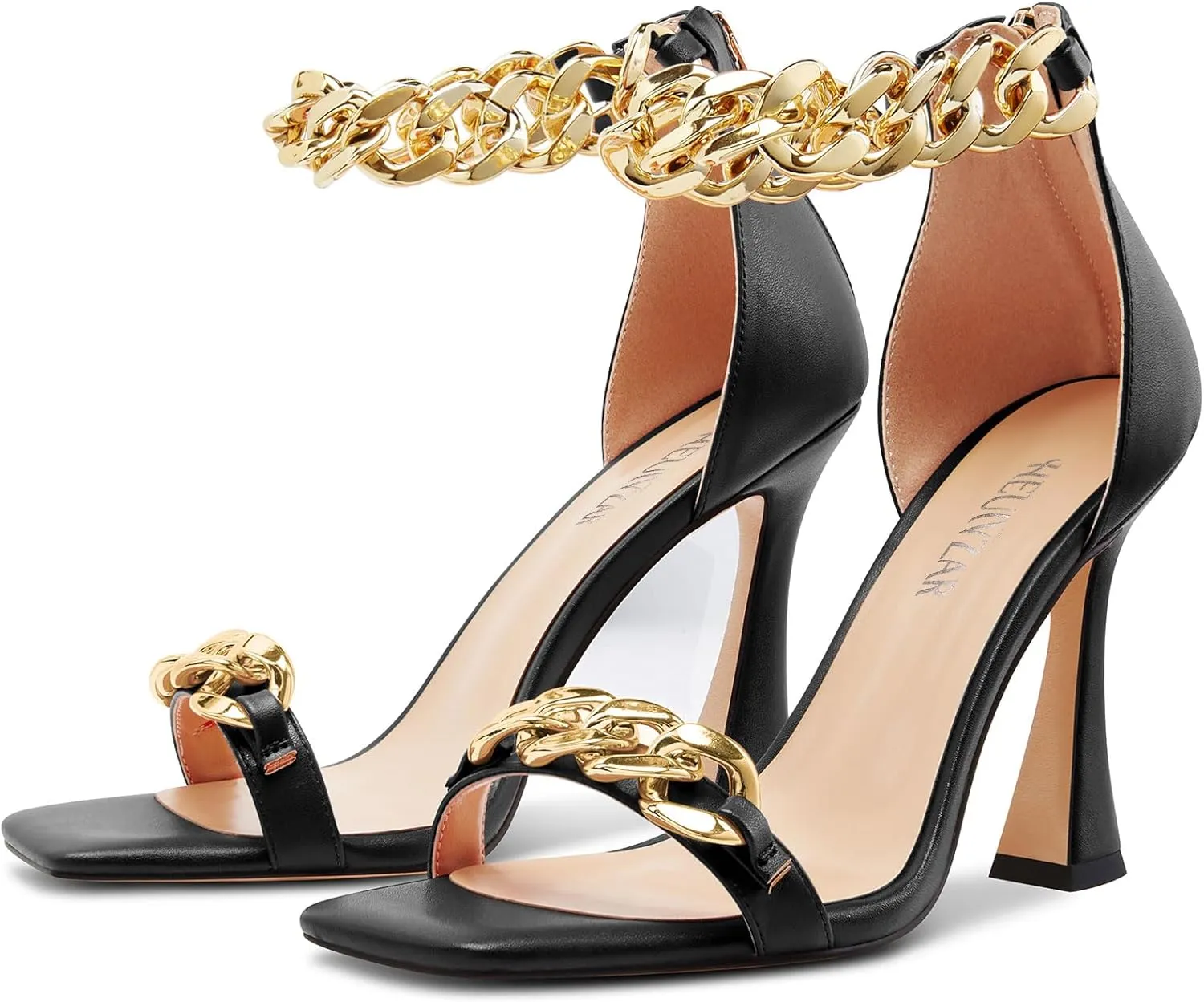HEUIVZAR Womens High Kitten Heel Square Toe Sandals Ankle Strap Zipper Metal Chain Wedding Dress 3.9 Inches Heels
