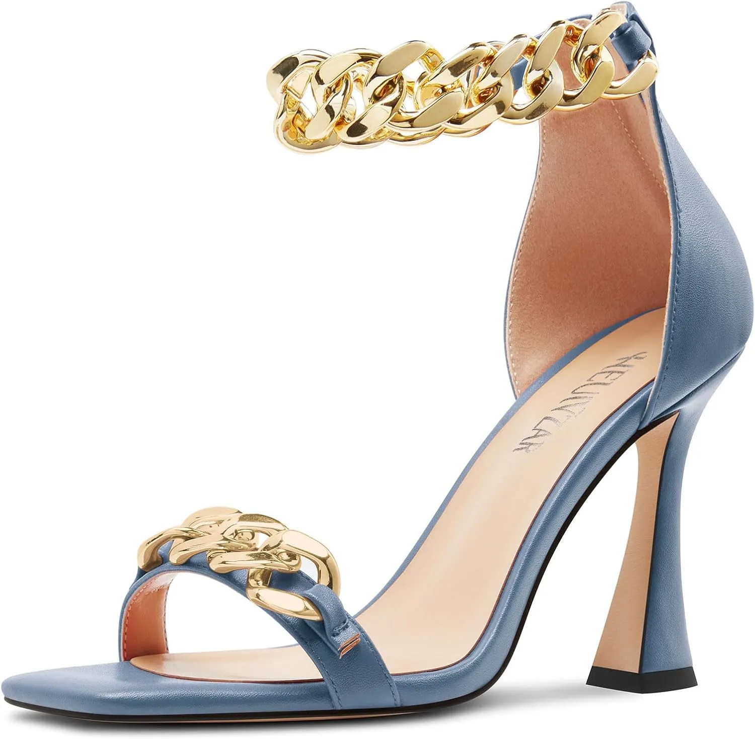 HEUIVZAR Womens High Kitten Heel Square Toe Sandals Ankle Strap Zipper Metal Chain Wedding Dress 3.9 Inches Heels