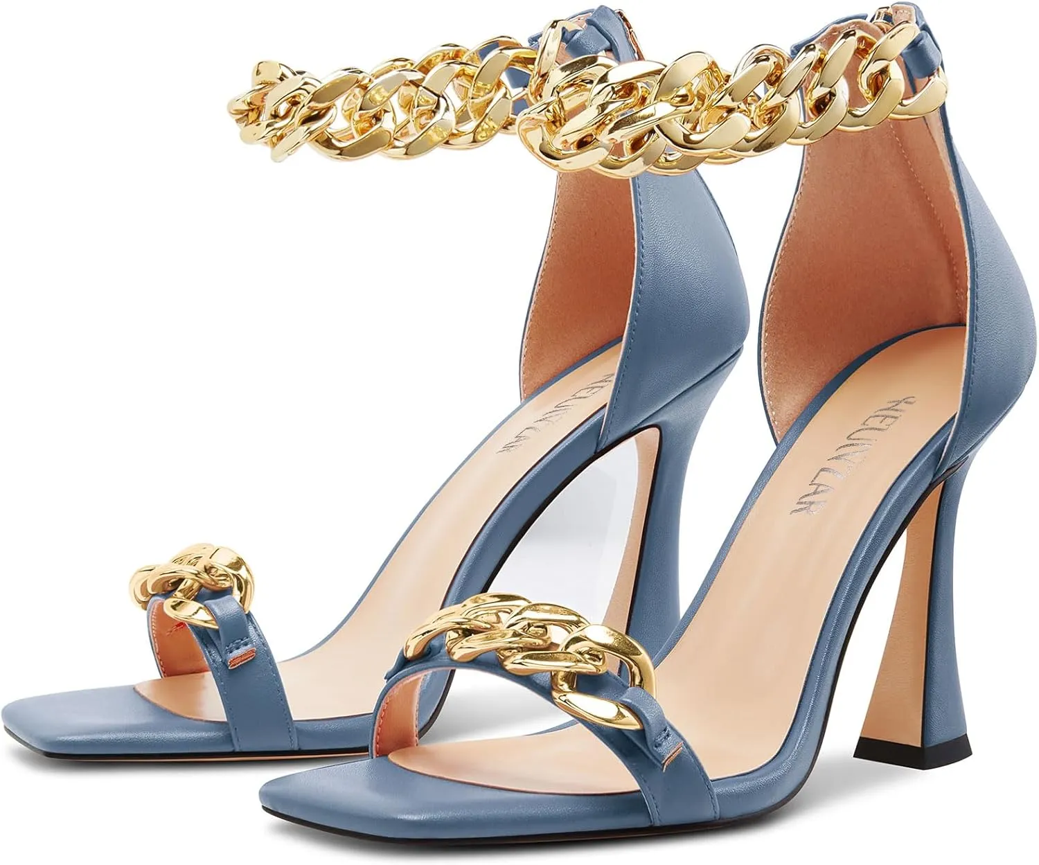 HEUIVZAR Womens High Kitten Heel Square Toe Sandals Ankle Strap Zipper Metal Chain Wedding Dress 3.9 Inches Heels