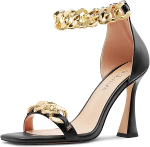 HEUIVZAR Womens High Kitten Heel Square Toe Sandals Ankle Strap Zipper Metal Chain Wedding Dress 3.9 Inches Heels