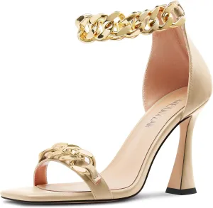 HEUIVZAR Womens High Kitten Heel Square Toe Sandals Ankle Strap Zipper Metal Chain Wedding Dress 3.9 Inches Heels
