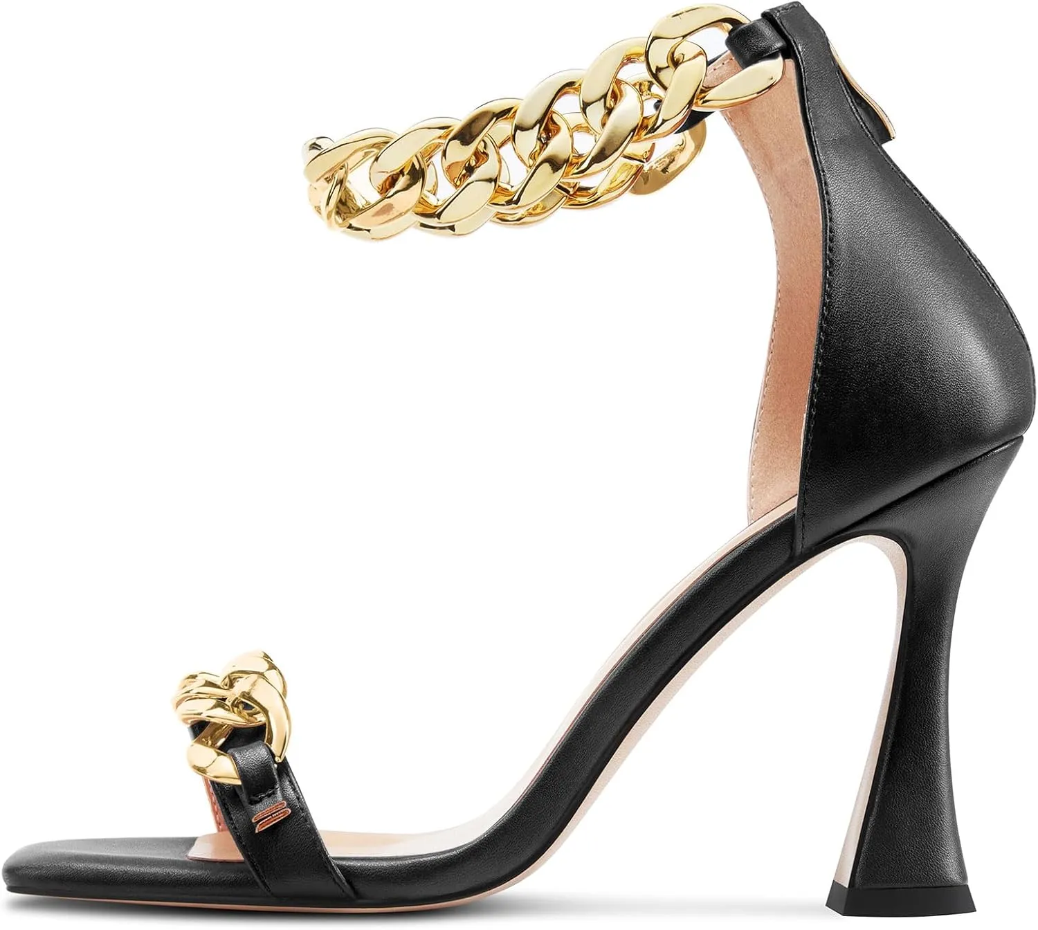 HEUIVZAR Womens High Kitten Heel Square Toe Sandals Ankle Strap Zipper Metal Chain Wedding Dress 3.9 Inches Heels