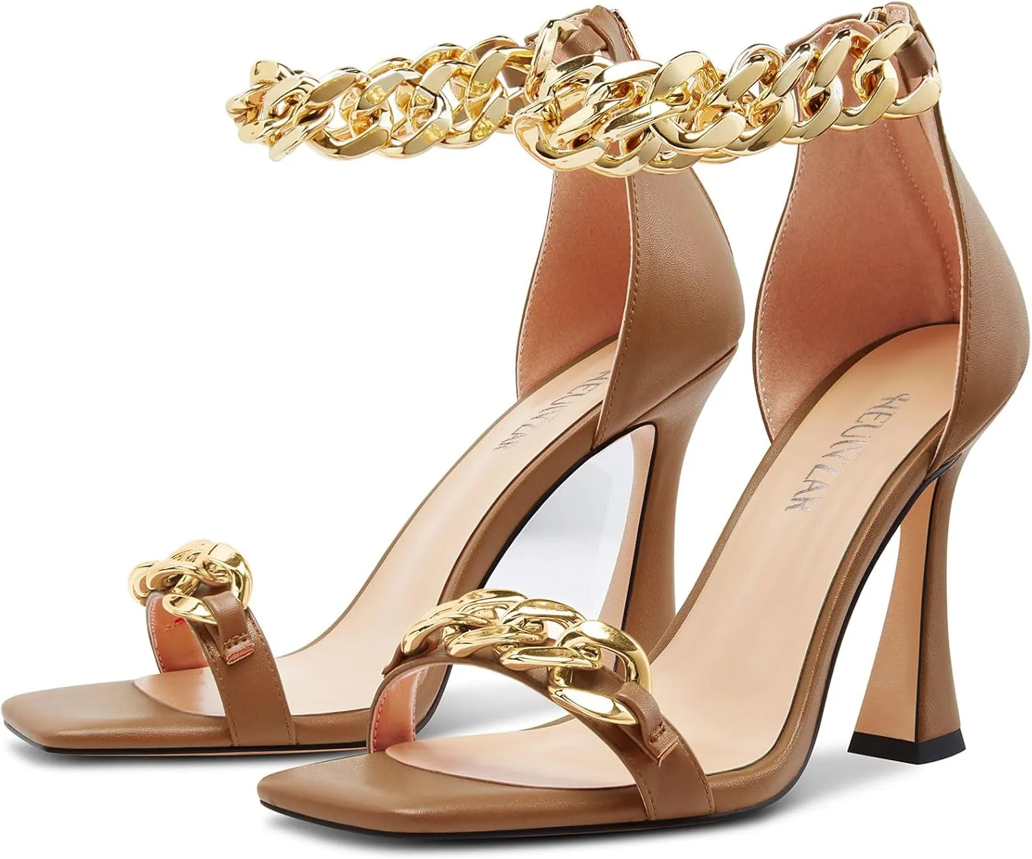 HEUIVZAR Womens High Kitten Heel Square Toe Sandals Ankle Strap Zipper Metal Chain Wedding Dress 3.9 Inches Heels