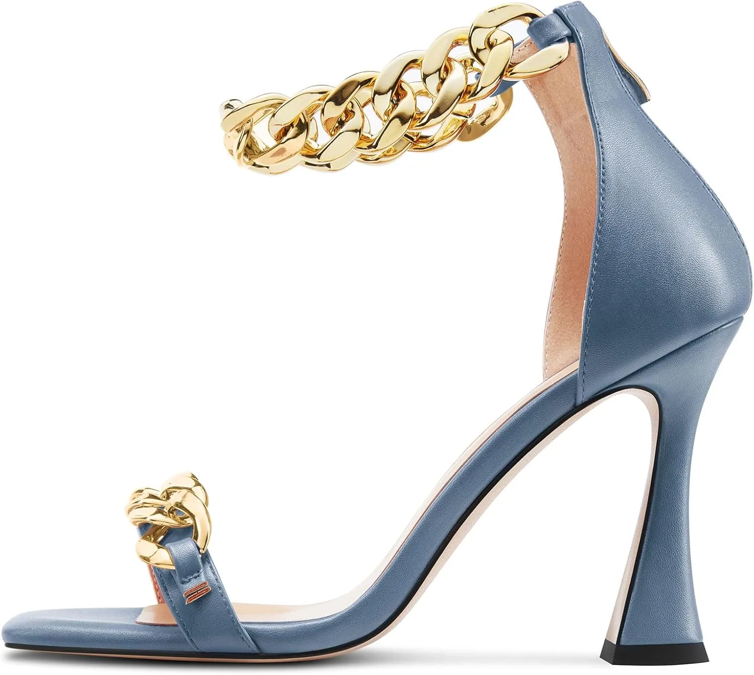 HEUIVZAR Womens High Kitten Heel Square Toe Sandals Ankle Strap Zipper Metal Chain Wedding Dress 3.9 Inches Heels