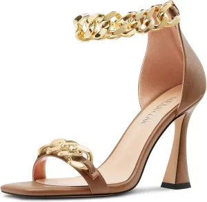 HEUIVZAR Womens High Kitten Heel Square Toe Sandals Ankle Strap Zipper Metal Chain Wedding Dress 3.9 Inches Heels