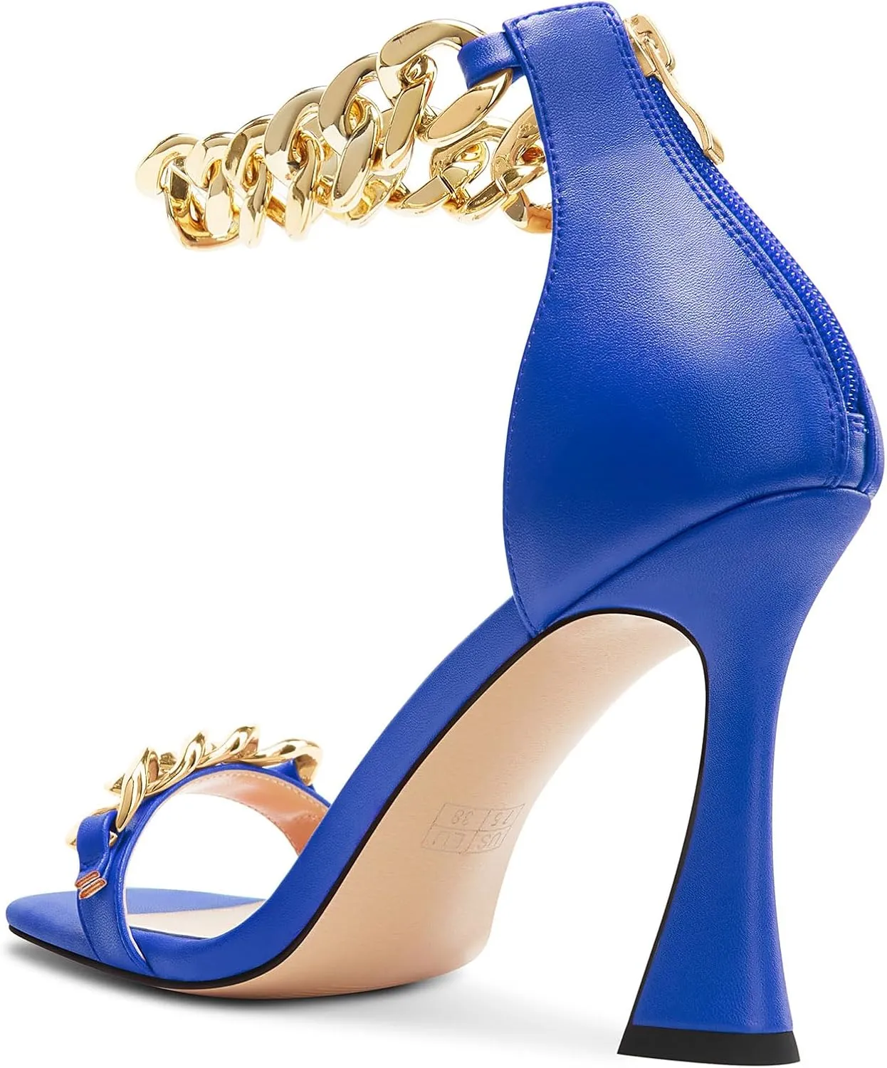HEUIVZAR Womens High Kitten Heel Square Toe Sandals Ankle Strap Zipper Metal Chain Wedding Dress 3.9 Inches Heels