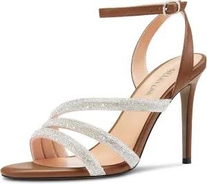 HEUIVZAR Womens Stiletto High Heel Open Toe Ankle Strap Rhinestone Crystal Sandals Prom Party Sexy Gladiator Shoes 3.9 Inches Heels