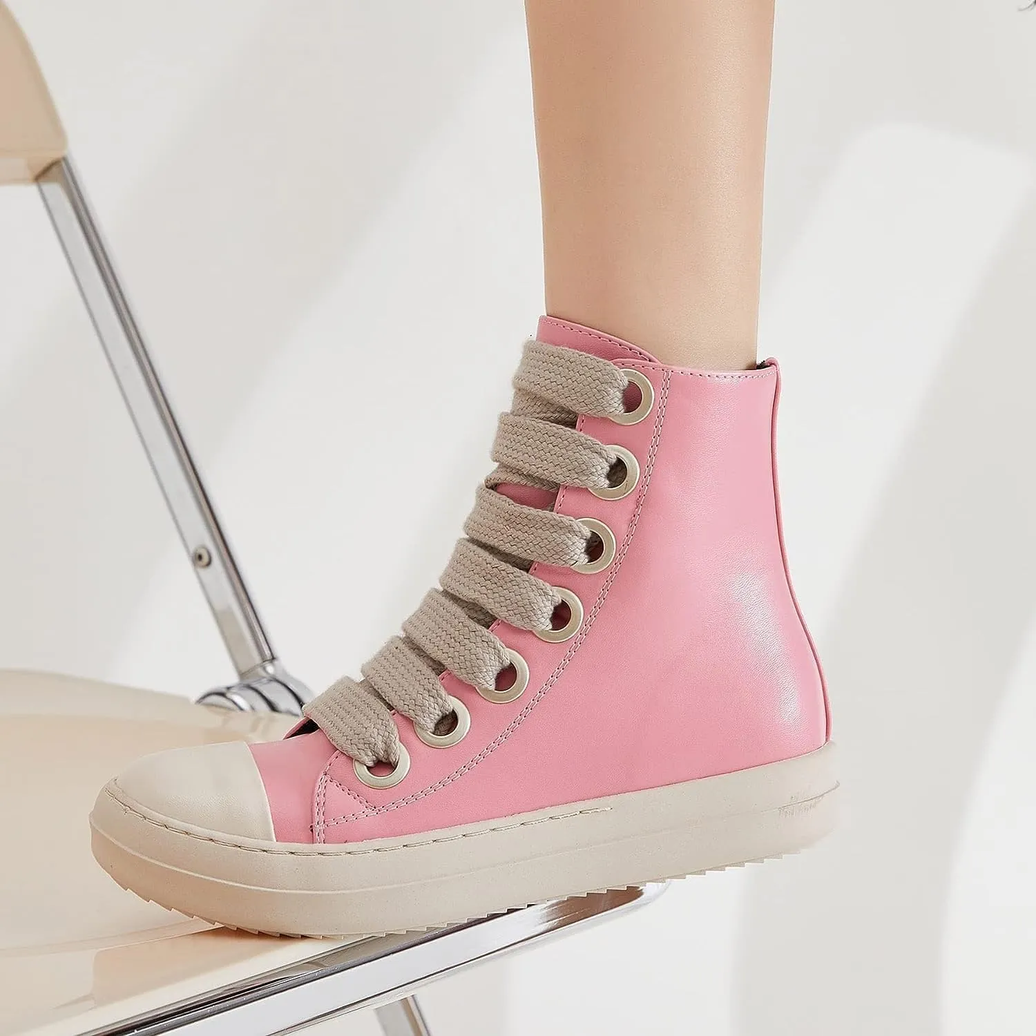 High Top Sneakers for Women Thick Shoe Laces PU Leather Comfort Zipper Platform Walking Shoes