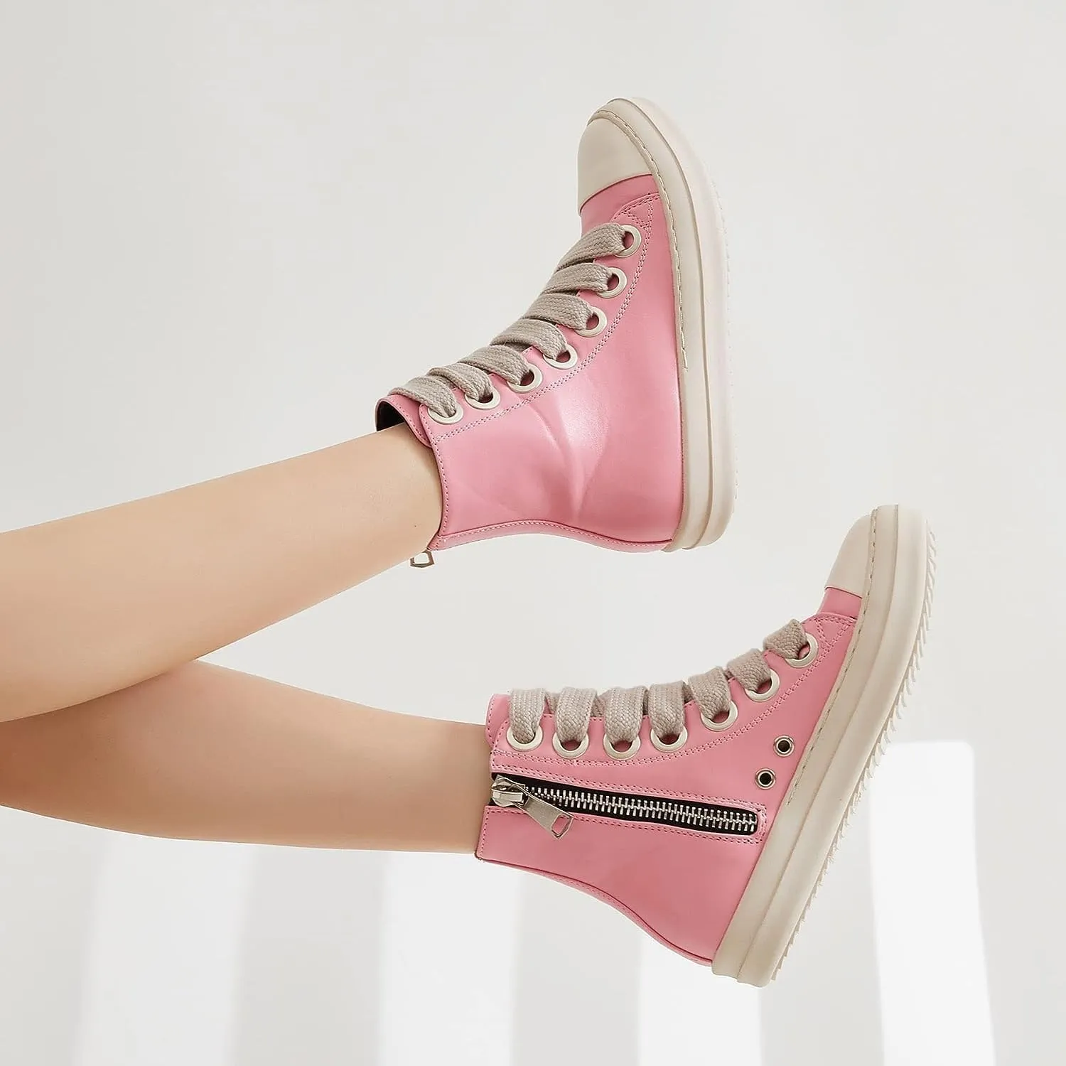 High Top Sneakers for Women Thick Shoe Laces PU Leather Comfort Zipper Platform Walking Shoes