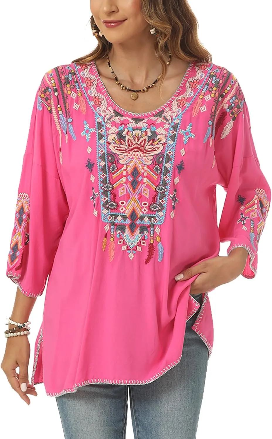 Higustar Mexican Embroidered Tops for Women Traditional Boho Tunics Bohemian Shirts Plus Size Peasant Clothes Blouses