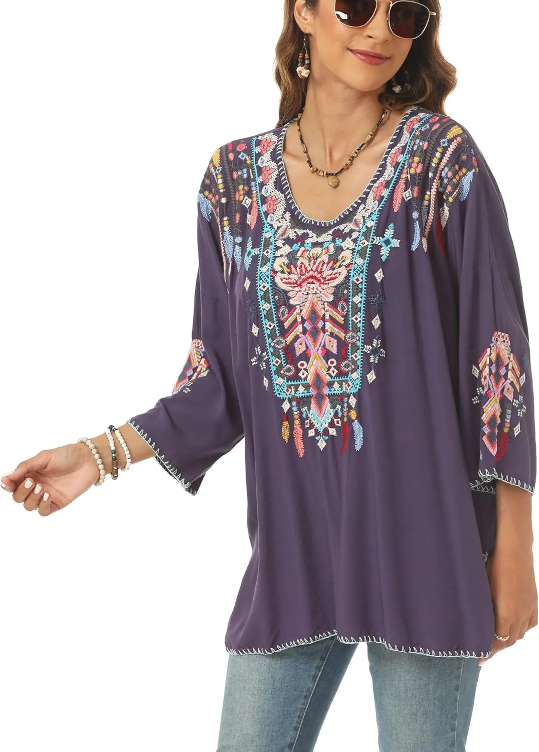 Higustar Mexican Embroidered Tops for Women Traditional Boho Tunics Bohemian Shirts Plus Size Peasant Clothes Blouses