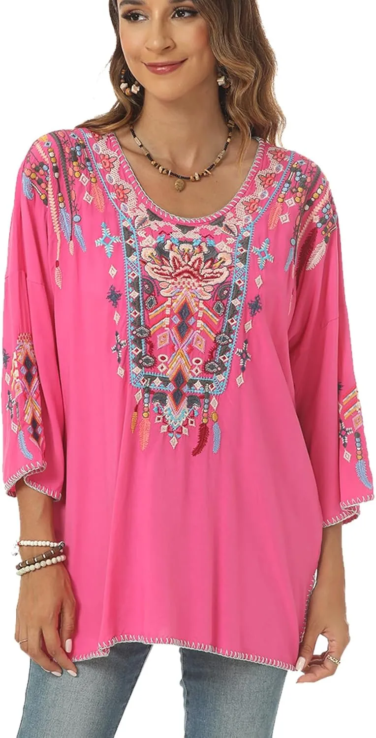 Higustar Mexican Embroidered Tops for Women Traditional Boho Tunics Bohemian Shirts Plus Size Peasant Clothes Blouses