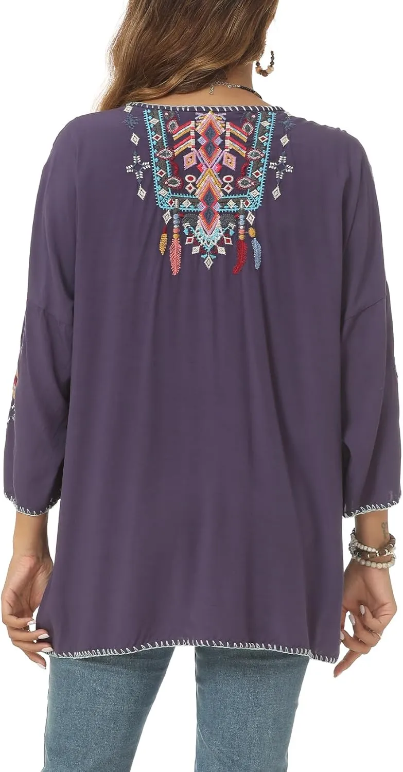 Higustar Mexican Embroidered Tops for Women Traditional Boho Tunics Bohemian Shirts Plus Size Peasant Clothes Blouses