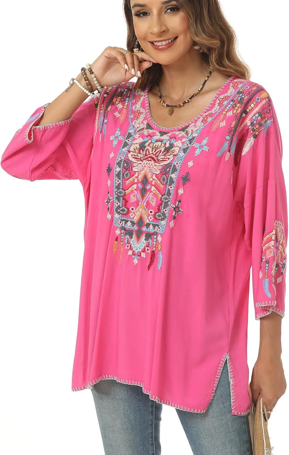 Higustar Mexican Embroidered Tops for Women Traditional Boho Tunics Bohemian Shirts Plus Size Peasant Clothes Blouses