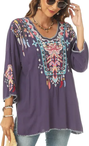 Higustar Mexican Embroidered Tops for Women Traditional Boho Tunics Bohemian Shirts Plus Size Peasant Clothes Blouses