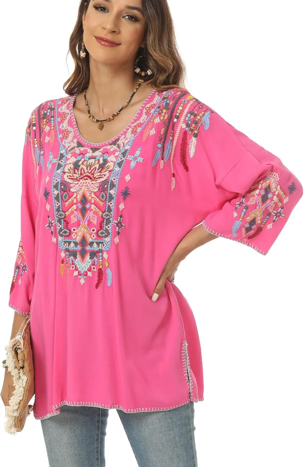 Higustar Mexican Embroidered Tops for Women Traditional Boho Tunics Bohemian Shirts Plus Size Peasant Clothes Blouses