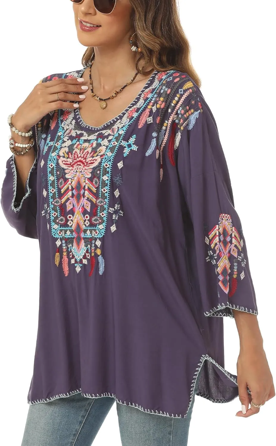 Higustar Mexican Embroidered Tops for Women Traditional Boho Tunics Bohemian Shirts Plus Size Peasant Clothes Blouses
