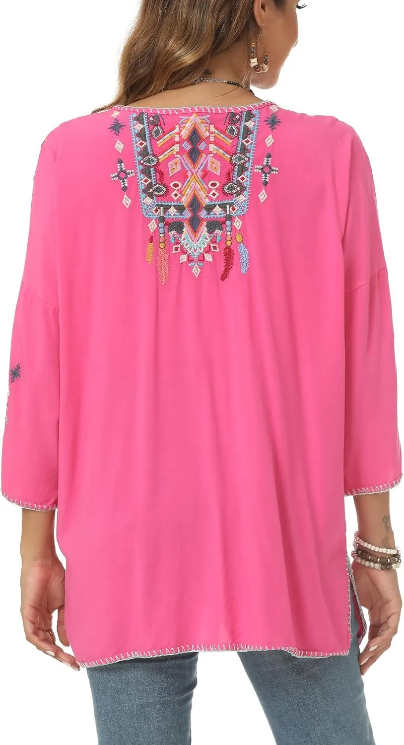 Higustar Mexican Embroidered Tops for Women Traditional Boho Tunics Bohemian Shirts Plus Size Peasant Clothes Blouses