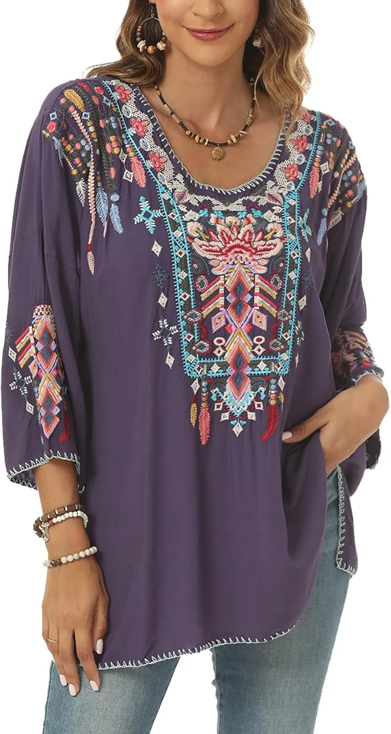 Higustar Mexican Embroidered Tops for Women Traditional Boho Tunics Bohemian Shirts Plus Size Peasant Clothes Blouses