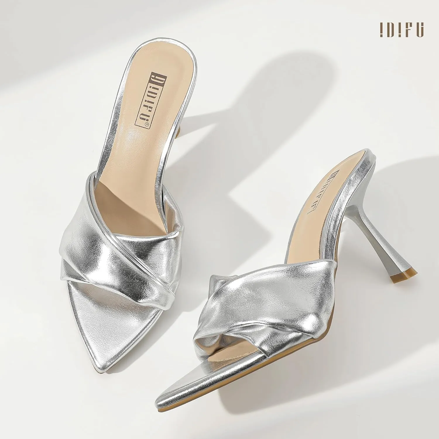 IDIFU IN4 Pointed Open Toe High Stiletto Heels for Women Dressy Slip On Slide Heeled Sandals Comfortable Wedding Bridal Guest Evening Party Prom Dress Shoes Sexy Cute Trendy Fashion Mules Heels