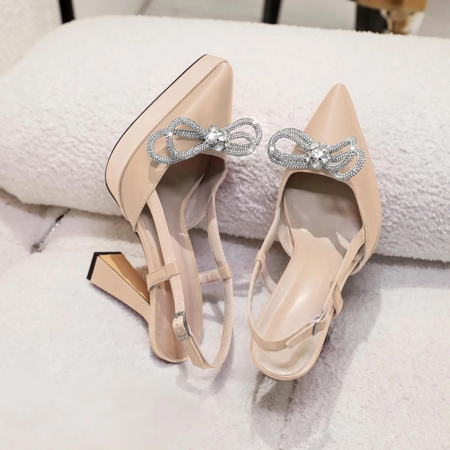 Joseywade Rhinstone Bow Heels for Women Slingback Chunky High Heel Pumps Platform Heels 5 Inch Wedding Bridal Dress Shoes
