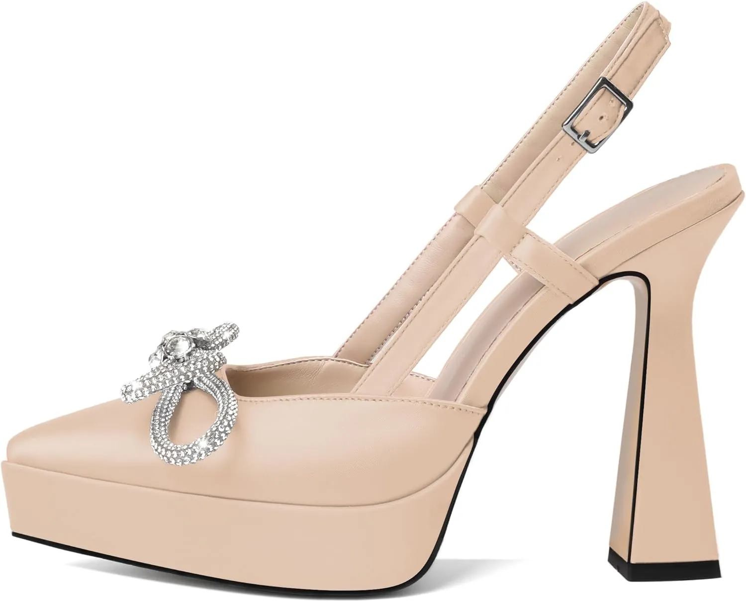 Joseywade Rhinstone Bow Heels for Women Slingback Chunky High Heel Pumps Platform Heels 5 Inch Wedding Bridal Dress Shoes