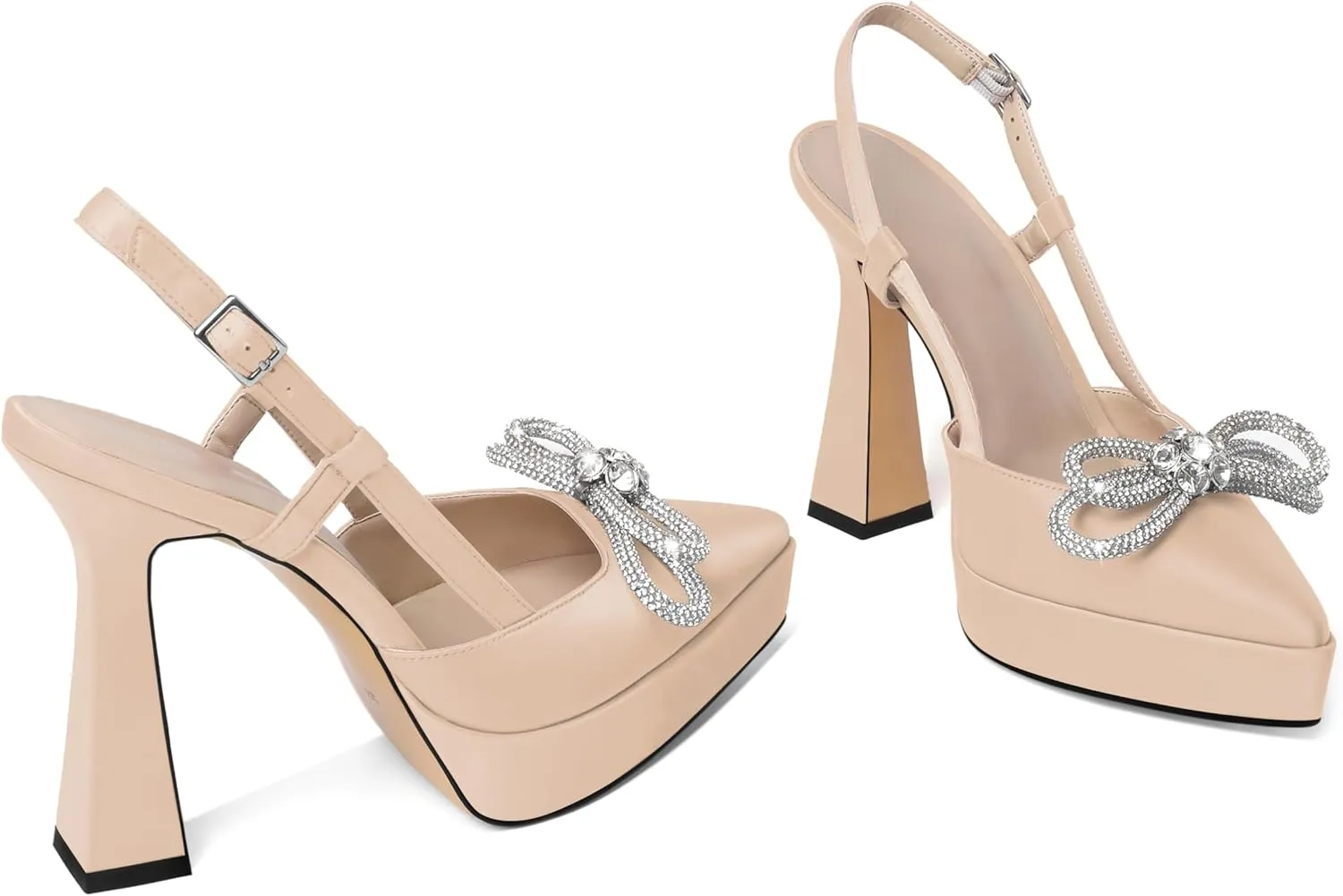 Joseywade Rhinstone Bow Heels for Women Slingback Chunky High Heel Pumps Platform Heels 5 Inch Wedding Bridal Dress Shoes