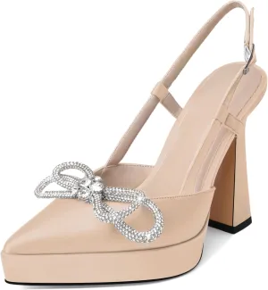 Joseywade Rhinstone Bow Heels for Women Slingback Chunky High Heel Pumps Platform Heels 5 Inch Wedding Bridal Dress Shoes