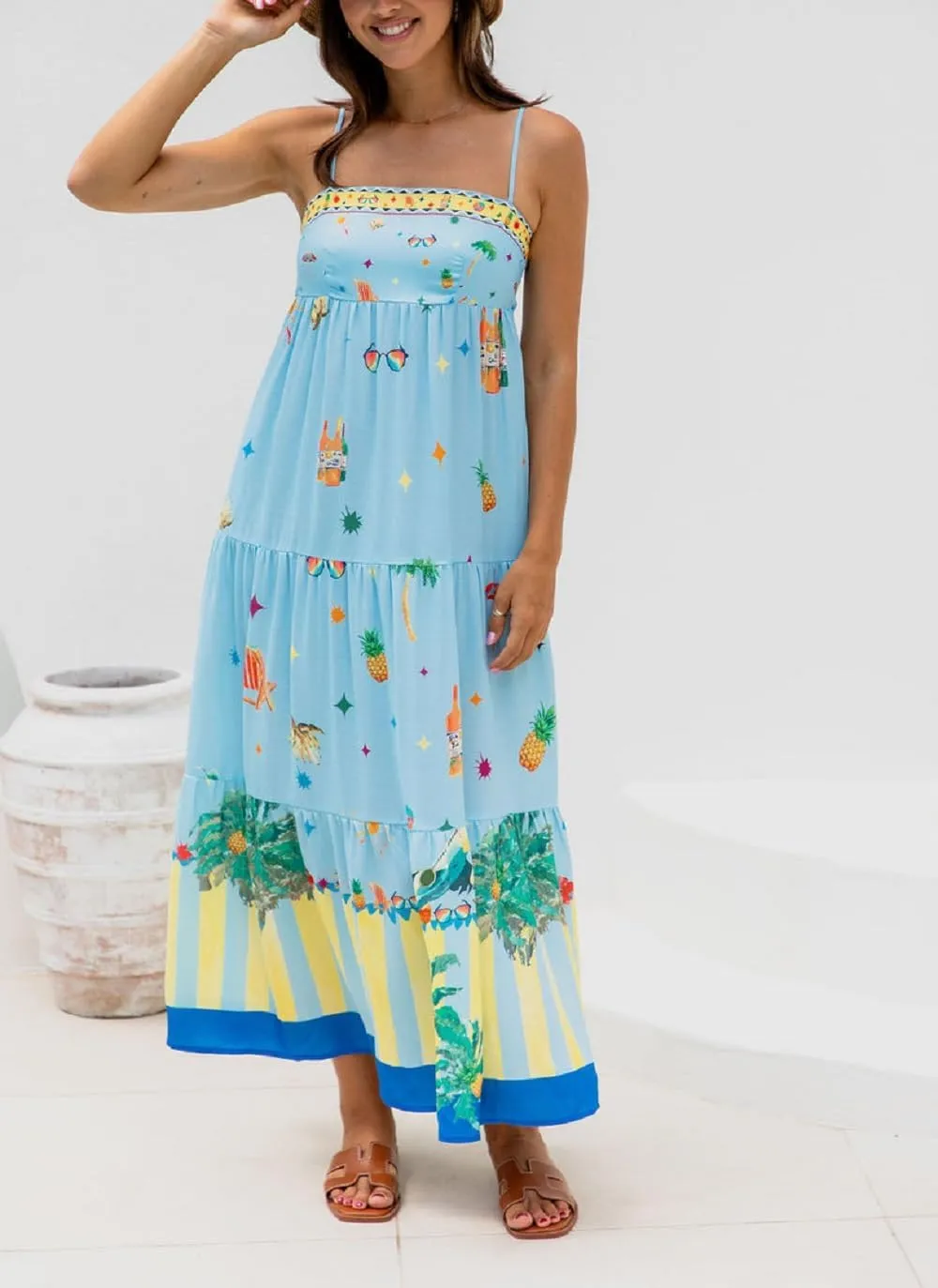 Juakoso Women Spaghetti Strap Maxi Dress Summer Sleeveless Flowy Long Dress Y2k Floral Print Vacation Beach Sundress