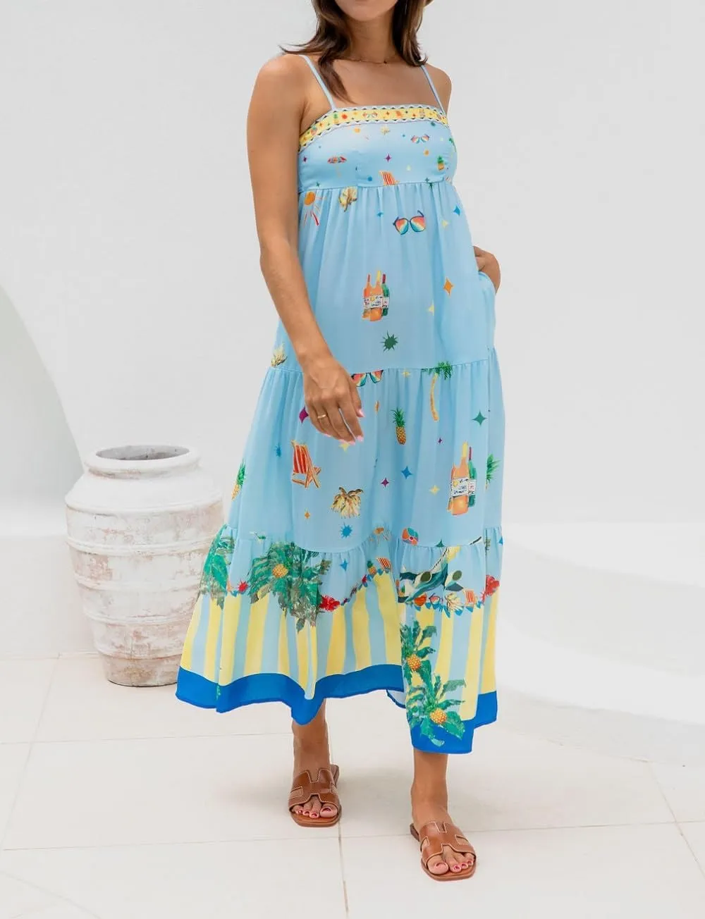 Juakoso Women Spaghetti Strap Maxi Dress Summer Sleeveless Flowy Long Dress Y2k Floral Print Vacation Beach Sundress