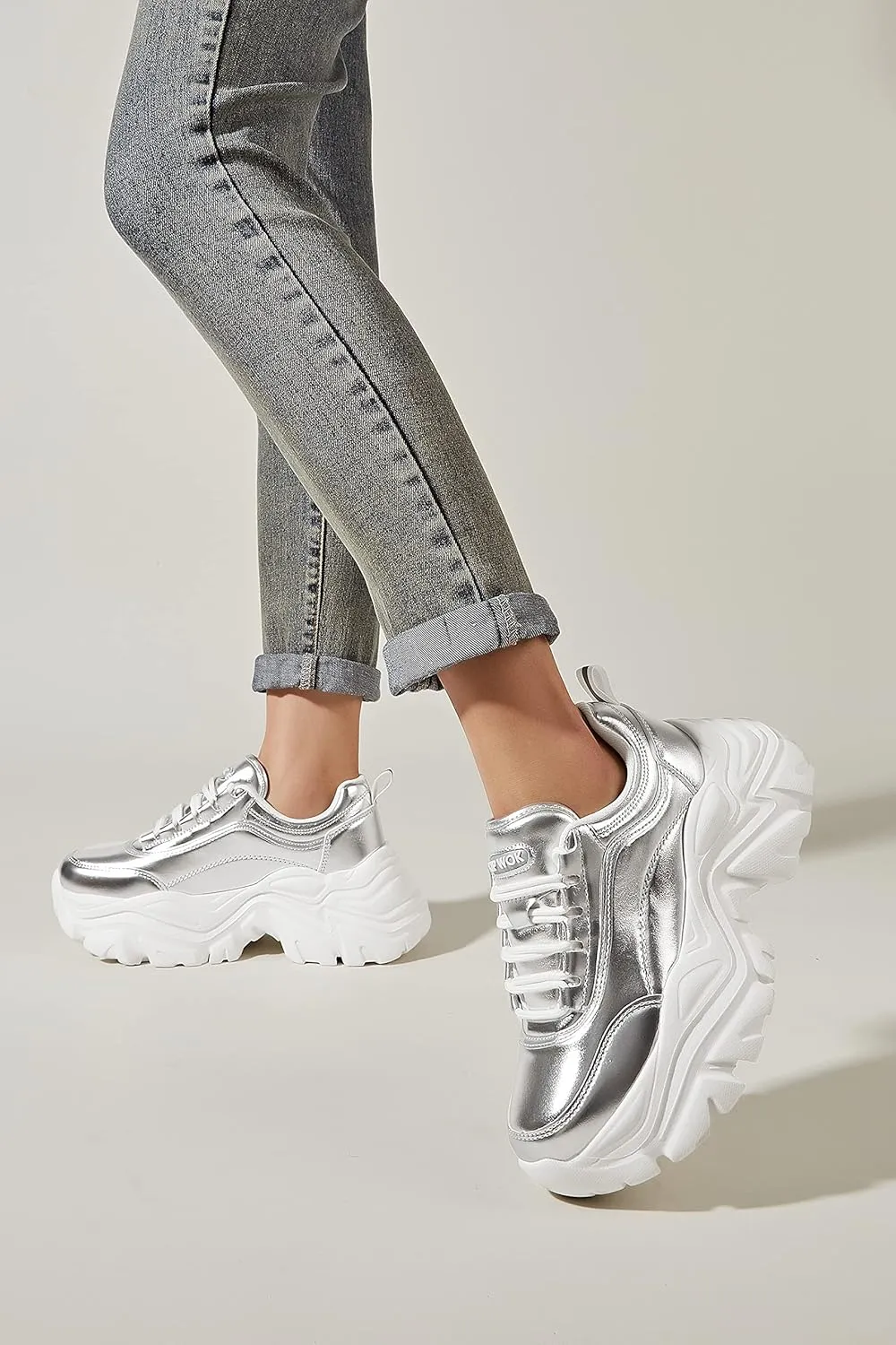 K KIP WOK Chunky Sneakers for Women Fashion Platform White Leather Casual Dad Shoes Comfortable Wedge Walking Sport Sneakers