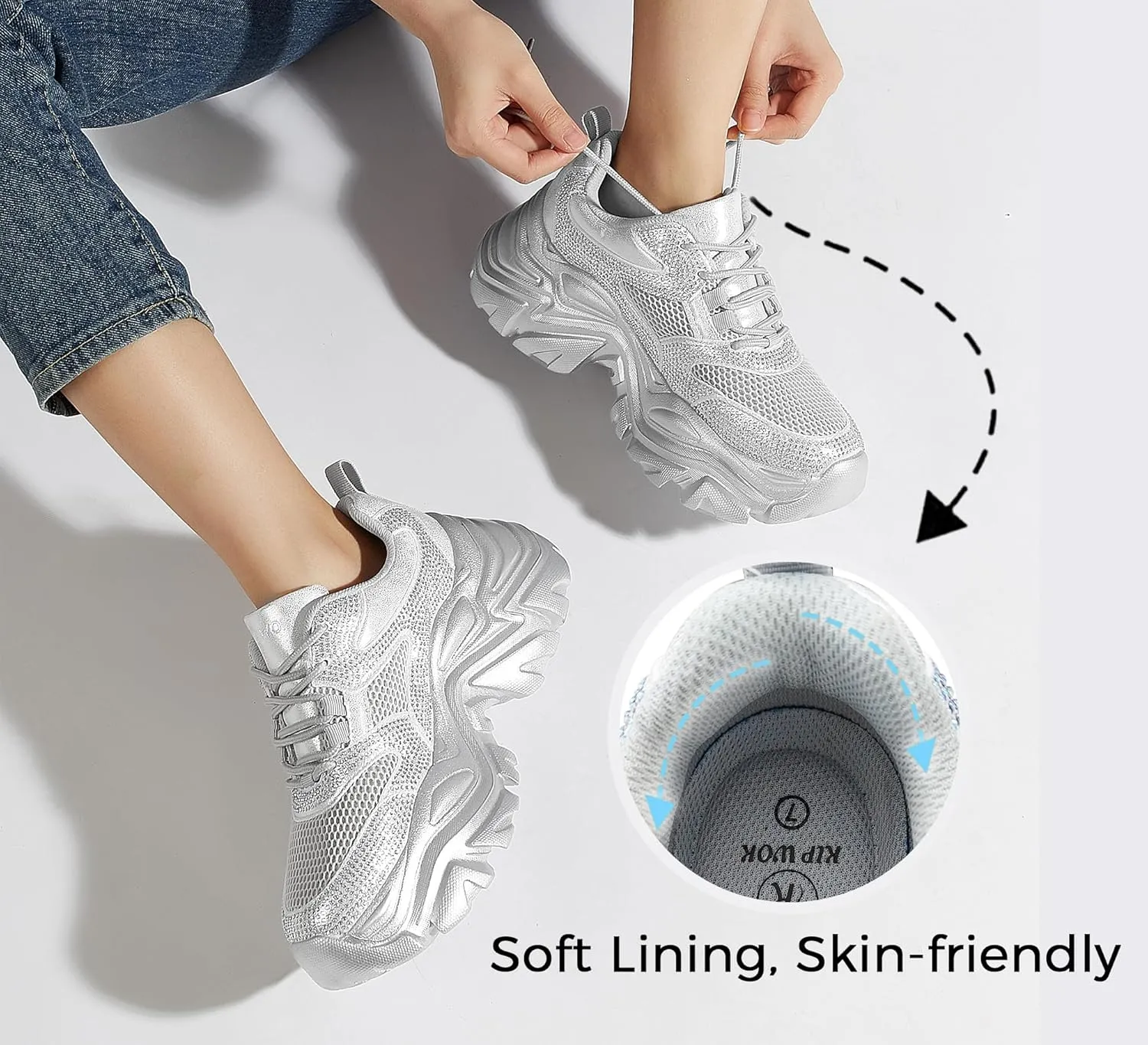 K KIP WOK Chunky Sneakers for Women Fashion Platform White Leather Casual Dad Shoes Comfortable Wedge Walking Sport Sneakers