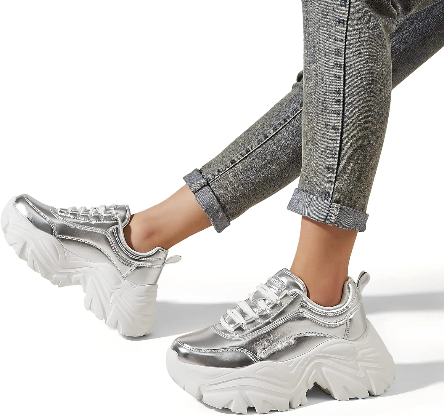 K KIP WOK Chunky Sneakers for Women Fashion Platform White Leather Casual Dad Shoes Comfortable Wedge Walking Sport Sneakers