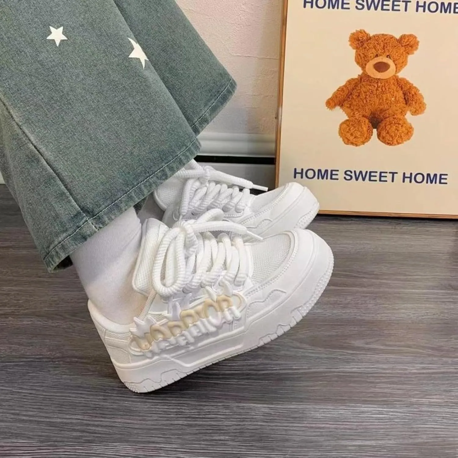 Kawaii Platform Shoes - Chunky Sneakers for Women, Breathable Mesh Platform Shoes, Aesthetic Shoes, Alphabet Elements
