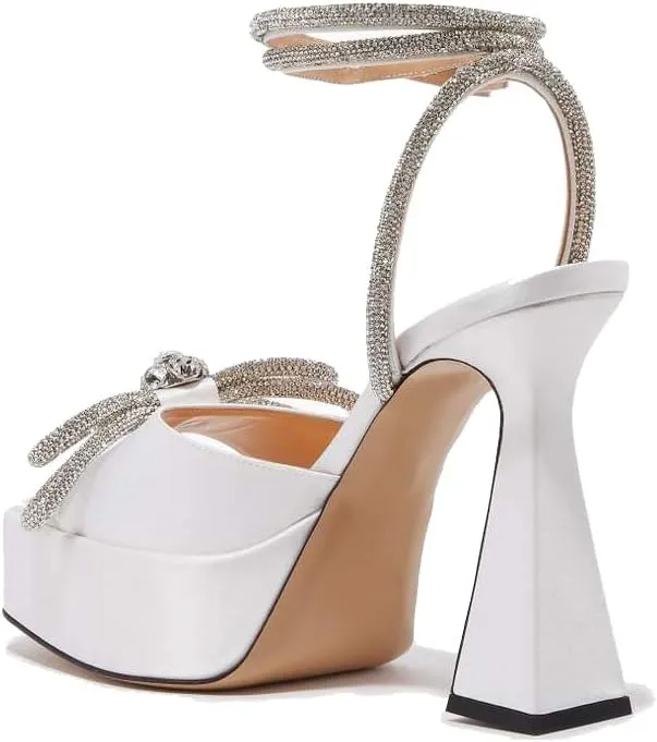 keleimusi Sparkling Bow Peep Toe Heeled Sandals Rhinestone Ankle Strap Dress Shoes