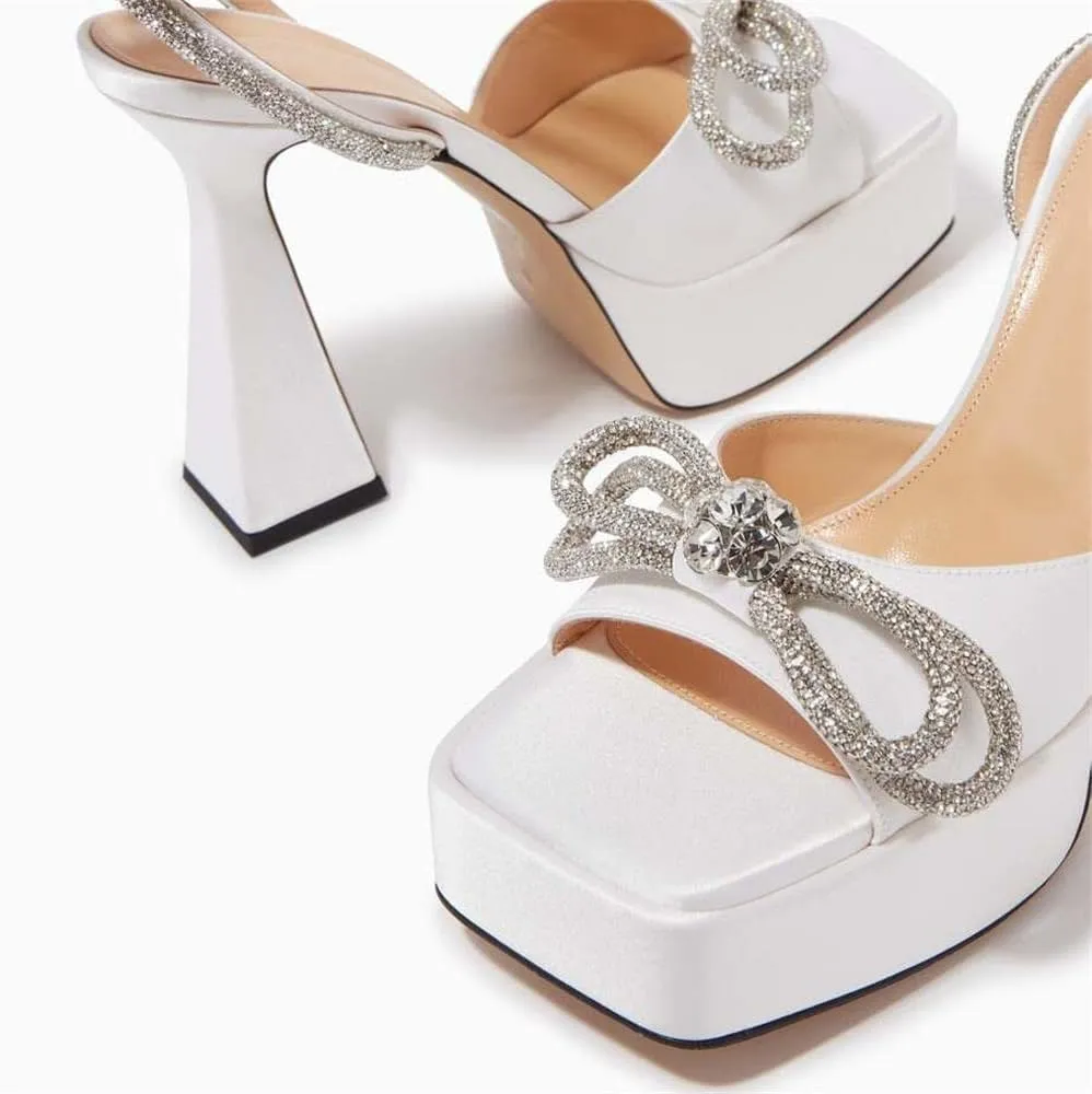 keleimusi Sparkling Bow Peep Toe Heeled Sandals Rhinestone Ankle Strap Dress Shoes