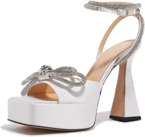 keleimusi Sparkling Bow Peep Toe Heeled Sandals Rhinestone Ankle Strap Dress Shoes