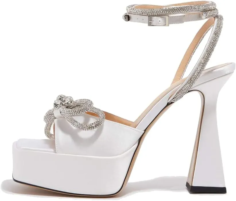 keleimusi Sparkling Bow Peep Toe Heeled Sandals Rhinestone Ankle Strap Dress Shoes