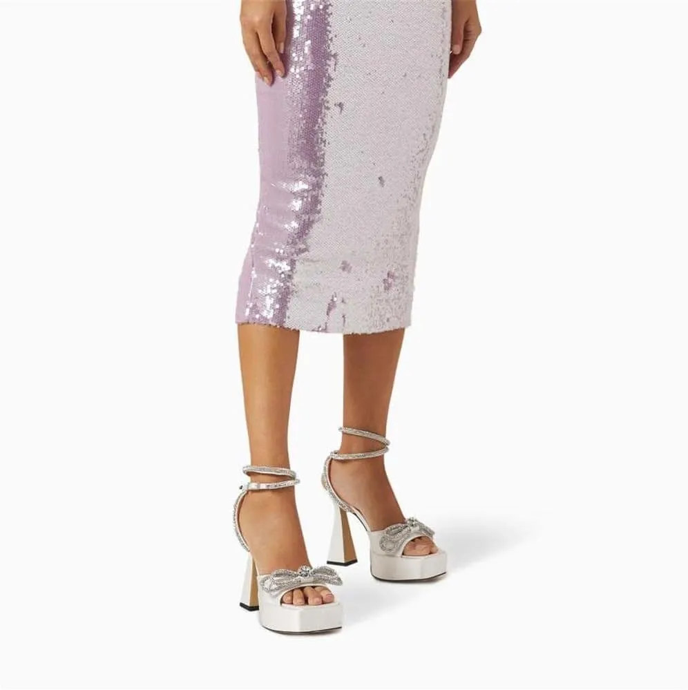 keleimusi Sparkling Bow Peep Toe Heeled Sandals Rhinestone Ankle Strap Dress Shoes
