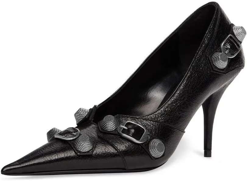 keleimusi Studded Buckled Stiletto Pointed Toe Pumps Trendy High Heels for Women