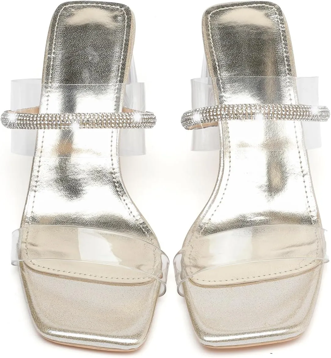 kkdom Square Toe Chunky Clear Heels Sandals Transparent Two Sparkle Rhinestone Strap Mule Shoes Slip On Block Heels for Party Dating Daily Work